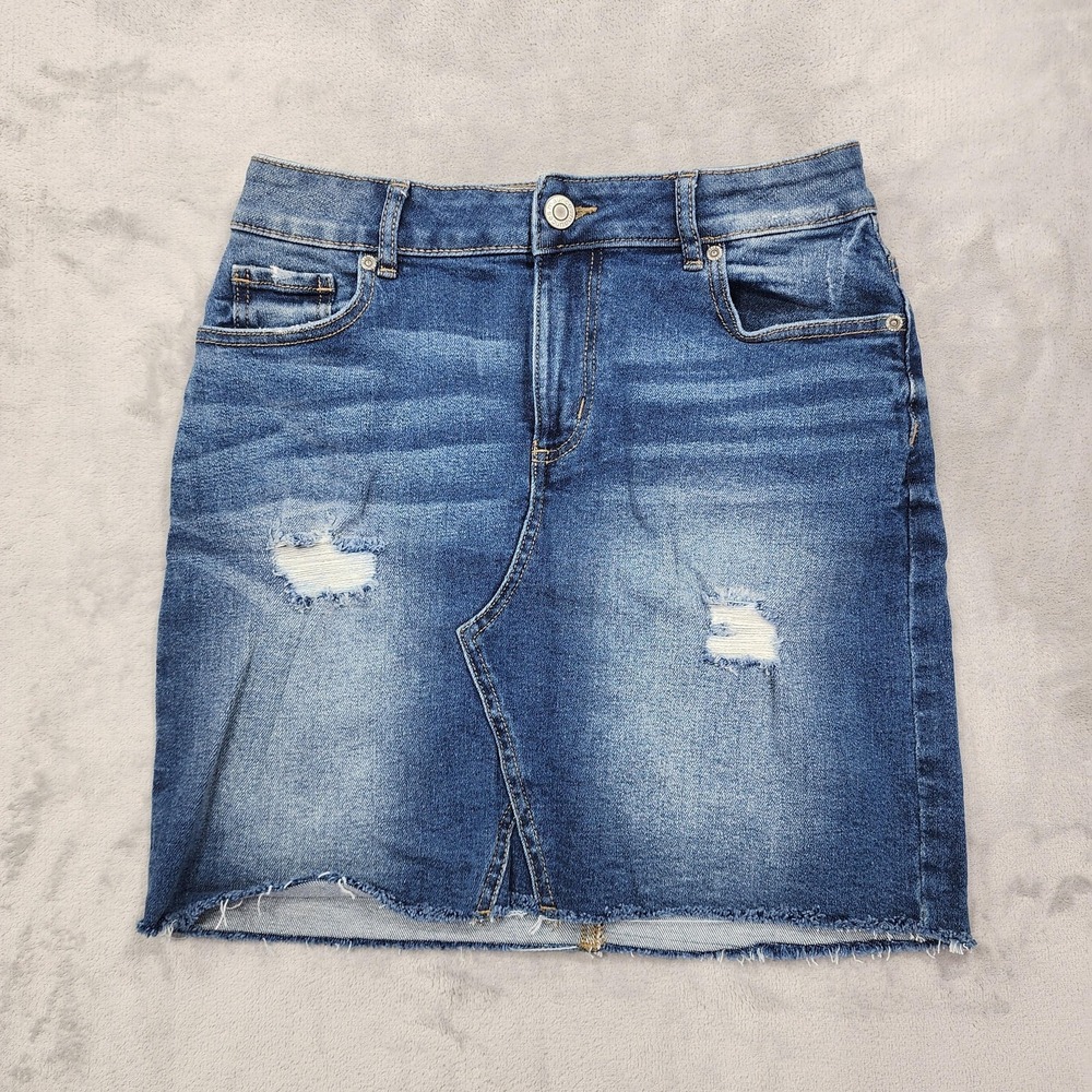 Maurices Skirt Womens 6 Blue Denim Pencil Distressed Raw Hem Mini Stretch Casual